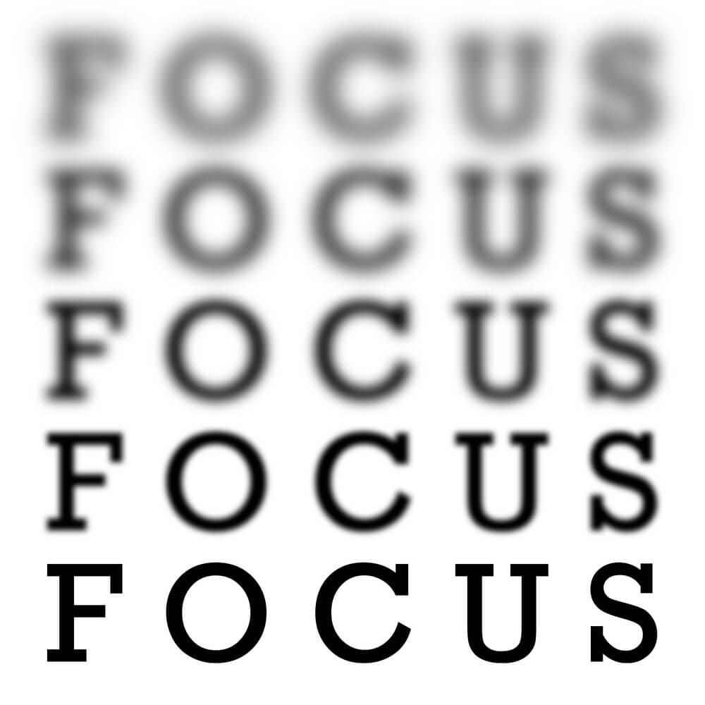 A series of the word focus, descending. The words come more and more into focus as they descend from the top of the picture.